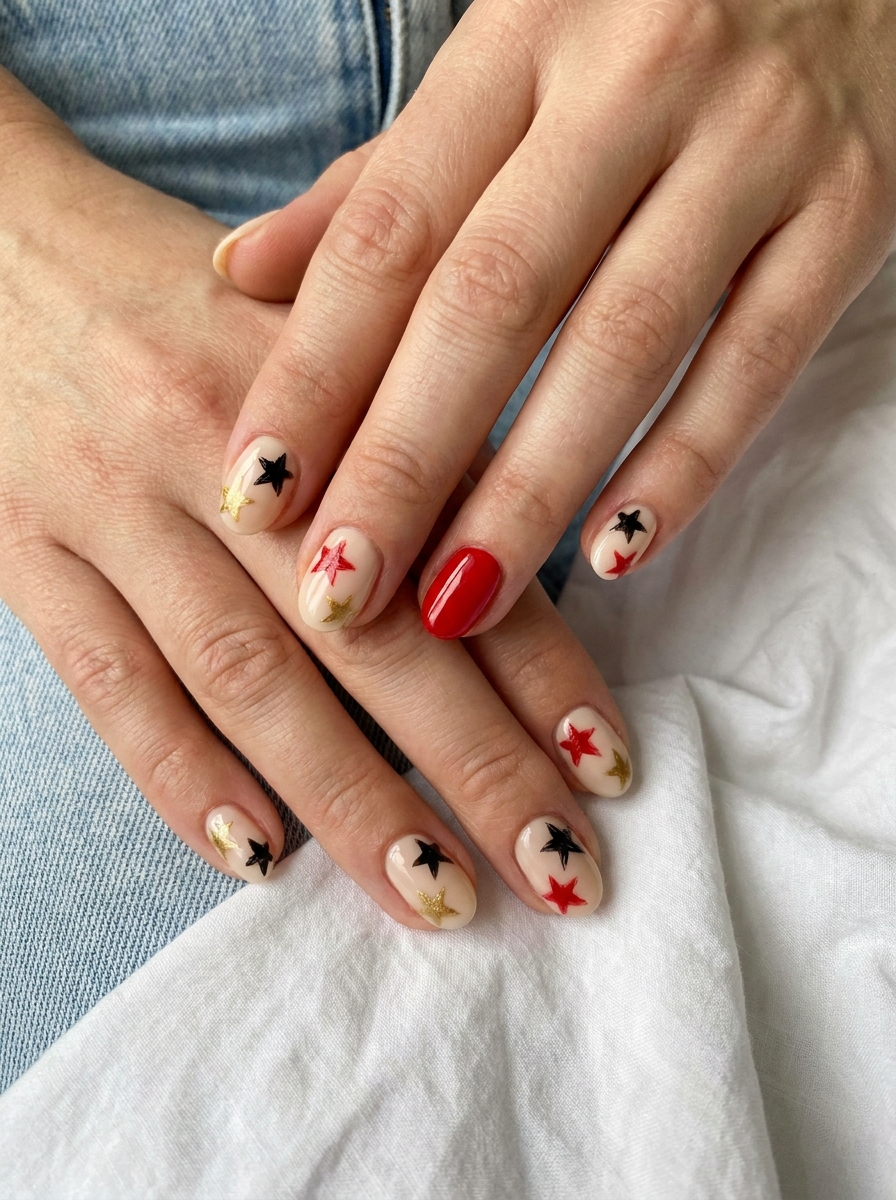 Schwarz-Rot-Gold Star Nails